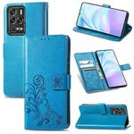 For ZTE Axon 30 Ultra 5G Four-leaf Clasp Embossed Buckle Mobile Phone Protection Leather Case with Lanyard & Card Slot & Wallet & Bracket Function(Blue)