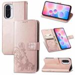 For Xiaomi Redmi K40 / K40 Pro Four-leaf Clasp Embossed Buckle Mobile Phone Protection Leather Case with Lanyard & Card Slot & Wallet & Bracket Function(Rose Gold)