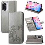 For Xiaomi Redmi K40 / K40 Pro Four-leaf Clasp Embossed Buckle Mobile Phone Protection Leather Case with Lanyard & Card Slot & Wallet & Bracket Function(Gray)