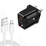 PD001C PD3.0 20W + QC3.0 USB LED Digital Display Fast Charger with USB to 8 Pin Data Cable, UK Plug(Black)