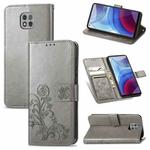 For Motorola Moto G Power 2021 Four-leaf Clasp Embossed Buckle Mobile Phone Protection Leather Case with Lanyard & Card Slot & Wallet & Bracket Function(Gray)