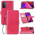 For OPPO A54 5G Four-leaf Clasp Embossed Buckle Mobile Phone Protection Leather Case with Lanyard & Card Slot & Wallet & Bracket Function(Magenta)