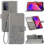 For OPPO A54 5G Four-leaf Clasp Embossed Buckle Mobile Phone Protection Leather Case with Lanyard & Card Slot & Wallet & Bracket Function(Gray)