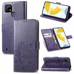 For OPPO Realme C21 Four-leaf Clasp Embossed Buckle Mobile Phone Protection Leather Case with Lanyard & Card Slot & Wallet & Bracket Function(Purple)