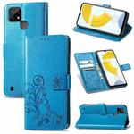 For OPPO Realme C21 Four-leaf Clasp Embossed Buckle Mobile Phone Protection Leather Case with Lanyard & Card Slot & Wallet & Bracket Function(Blue)