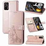 For OPPO Realme GT 5G / Q3 Pro 5G Four-leaf Clasp Embossed Buckle Mobile Phone Protection Leather Case with Lanyard & Card Slot & Wallet & Bracket Function(Rose Gold)