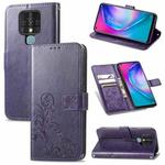 For Tecno Camon 16 SE Four-leaf Clasp Embossed Buckle Mobile Phone Protection Leather Case with Lanyard & Card Slot & Wallet & Bracket Function(Purple)