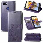 For Tecno POP 2F Four-leaf Clasp Embossed Buckle Mobile Phone Protection Leather Case with Lanyard & Card Slot & Wallet & Bracket Function(Purple)