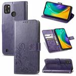 For Tecno POP 4 Pro Four-leaf Clasp Embossed Buckle Mobile Phone Protection Leather Case with Lanyard & Card Slot & Wallet & Bracket Function(Purple)