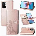 For Xiaomi Redmi Note 10 5G Four-leaf Clasp Embossed Buckle Mobile Phone Protection Leather Case with Lanyard & Card Slot & Wallet & Bracket Function(Rose Gold)