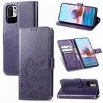 For Xiaomi Redmi Note 10 5G Four-leaf Clasp Embossed Buckle Mobile Phone Protection Leather Case with Lanyard & Card Slot & Wallet & Bracket Function(Purple)