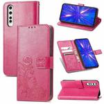 For Rakuten BIG Four-leaf Clasp Embossed Buckle Mobile Phone Protection Leather Case with Lanyard & Card Slot & Wallet & Bracket Function(Magenta)