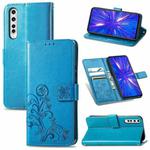 For Rakuten BIG Four-leaf Clasp Embossed Buckle Mobile Phone Protection Leather Case with Lanyard & Card Slot & Wallet & Bracket Function(Blue)