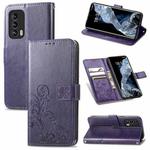 For Meizu 18 Four-leaf Clasp Embossed Buckle Mobile Phone Protection Leather Case with Lanyard & Card Slot & Wallet & Bracket Function(Purple)