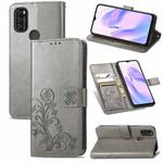 For Blackview A70 Four-leaf Clasp Embossed Buckle Mobile Phone Protection Leather Case with Lanyard & Card Slot & Wallet & Bracket Function(Gray)