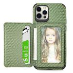 For iPhone 12 Pro Max Carbon Fiber Magnetic Card Bag TPU+PU Shockproof Back Cover Case with Holder & Card Slot & Photo Frame(Green)