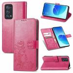 For OPPO Reno6 Pro+ Four-leaf Clasp Embossed Buckle Mobile Phone Protection Leather Case with Lanyard & Card Slot & Wallet & Bracket Function(Magenta)