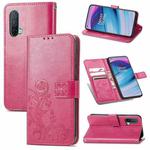 For OnePlus Nord CE 5G Four-leaf Clasp Embossed Buckle Mobile Phone Protection Leather Case with Lanyard & Card Slot & Wallet & Bracket Function(Magenta)