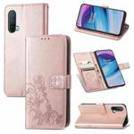 For OnePlus Nord CE 5G Four-leaf Clasp Embossed Buckle Mobile Phone Protection Leather Case with Lanyard & Card Slot & Wallet & Bracket Function(Rose Gold)