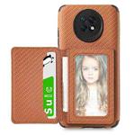 For Xiaomi Redmi Note 9 5G Carbon Fiber Magnetic Card Bag TPU+PU Shockproof Back Cover Case with Holder & Card Slot & Photo Frame(Brown)