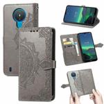 For Nokia 1.4 Mandala Flower Embossed Horizontal Flip Leather Case with Bracket / Card Slot / Wallet / Lanyard(Grey)