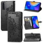 For TCL 20 SE Mandala Flower Embossed Horizontal Flip Leather Case with Bracket / Card Slot / Wallet / Lanyard(Black)