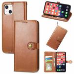 For iPhone 13 Solid Color Leather Buckle Phone Case with Lanyard & Photo Frame & Card Slot & Wallet & Stand Function(Brown)