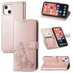 For iPhone 13 mini  Four-leaf Clover Clasp Embossed Buckle Mobile Phone Protection Leather Case with Lanyard & Card Slot & Wallet & Bracket Function(Rose Gold)