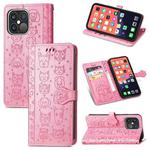 For iPhone 13 Pro Max Cute Cat and Dog Embossed Horizontal Flip Leather Case with Holder & Card Slots & Wallet & Lanyard (Pink)