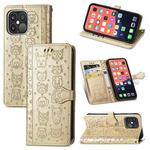 For iPhone 13 Pro Max Cute Cat and Dog Embossed Horizontal Flip Leather Case with Holder & Card Slots & Wallet & Lanyard (Gold)
