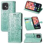 For iPhone 13 Pro Cute Cat and Dog Embossed Horizontal Flip Leather Case with Holder & Card Slots & Wallet & Lanyard (Green)