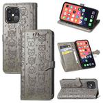 For iPhone 13 Pro Cute Cat and Dog Embossed Horizontal Flip Leather Case with Holder & Card Slots & Wallet & Lanyard (Gray)
