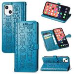 For iPhone 13 mini Cute Cat and Dog Embossed Horizontal Flip Leather Case with Holder & Card Slots & Wallet & Lanyard (Blue)