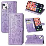 For iPhone 13 mini Cute Cat and Dog Embossed Horizontal Flip Leather Case with Holder & Card Slots & Wallet & Lanyard (Purple)