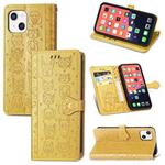 For iPhone 13 mini Cute Cat and Dog Embossed Horizontal Flip Leather Case with Holder & Card Slots & Wallet & Lanyard (Yellow)