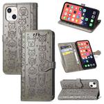 For iPhone 13 mini Cute Cat and Dog Embossed Horizontal Flip Leather Case with Holder & Card Slots & Wallet & Lanyard (Gray)