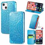 For iPhone 13 Blooming Mandala Embossed Pattern Magnetic Horizontal Flip Leather Case with Holder & Card Slots & Wallet(Blue)