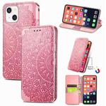 For iPhone 13 Blooming Mandala Embossed Pattern Magnetic Horizontal Flip Leather Case with Holder & Card Slots & Wallet(Pink)