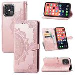 For iPhone 13 Pro Mandala Flower Embossed Horizontal Flip Leather Case with Holder & Three Card Slots & Wallet & Lanyard  (Rose Gold)