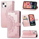 For iPhone 13 Mandala Flower Embossed Horizontal Flip Leather Case with Holder & Three Card Slots & Wallet & Lanyard (Rose Gold)