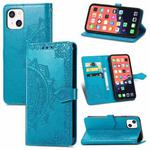 For iPhone 13 Mandala Flower Embossed Horizontal Flip Leather Case with Holder & Three Card Slots & Wallet & Lanyard (Blue)