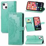 For iPhone 13 mini Mandala Flower Embossed Horizontal Flip Leather Case with Holder & Three Card Slots & Wallet & Lanyard  (Green)