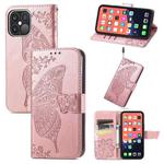 For iPhone 13 Pro Max Butterfly Love Flower Embossed Horizontal Flip Leather Case with Bracket / Card Slot / Wallet / Lanyard (Rose Gold)