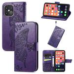 For iPhone 13 Pro Max Butterfly Love Flower Embossed Horizontal Flip Leather Case with Bracket / Card Slot / Wallet / Lanyard (Dark Purple)
