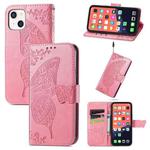 For iPhone 13 Butterfly Love Flower Embossed Horizontal Flip Leather Case with Bracket / Card Slot / Wallet / Lanyard(Pink)