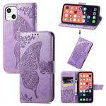 For iPhone 13 Butterfly Love Flower Embossed Horizontal Flip Leather Case with Bracket / Card Slot / Wallet / Lanyard(Light Purple)