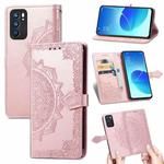 For OPPO Reno6 5G Mandala Flower Embossed Horizontal Flip Leather Case with Holder & Three Card Slots & Wallet & Lanyard(Rose Gold)