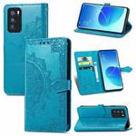 For OPPO Reno6 Pro 5G Mandala Flower Embossed Horizontal Flip Leather Case with Holder & Three Card Slots & Wallet & Lanyard(Blue)