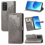 For OPPO Reno6 Pro 5G Mandala Flower Embossed Horizontal Flip Leather Case with Holder & Three Card Slots & Wallet & Lanyard(Grey)