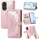 For Honor 50 Mandala Flower Embossed Horizontal Flip Leather Case with Holder & Three Card Slots & Wallet & Lanyard(Rose Gold)